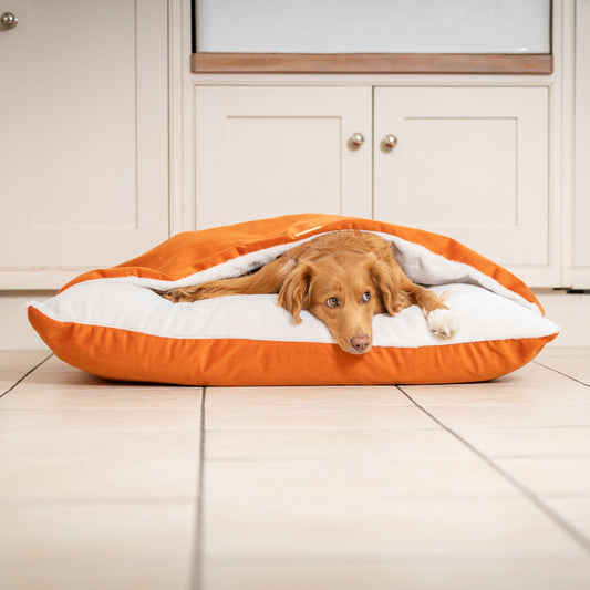 Burrow Dog Bed – Sleepy Pumpkin Velvet Hooded Luxury Sofa with Removable Washable Cover - ECOVIRA